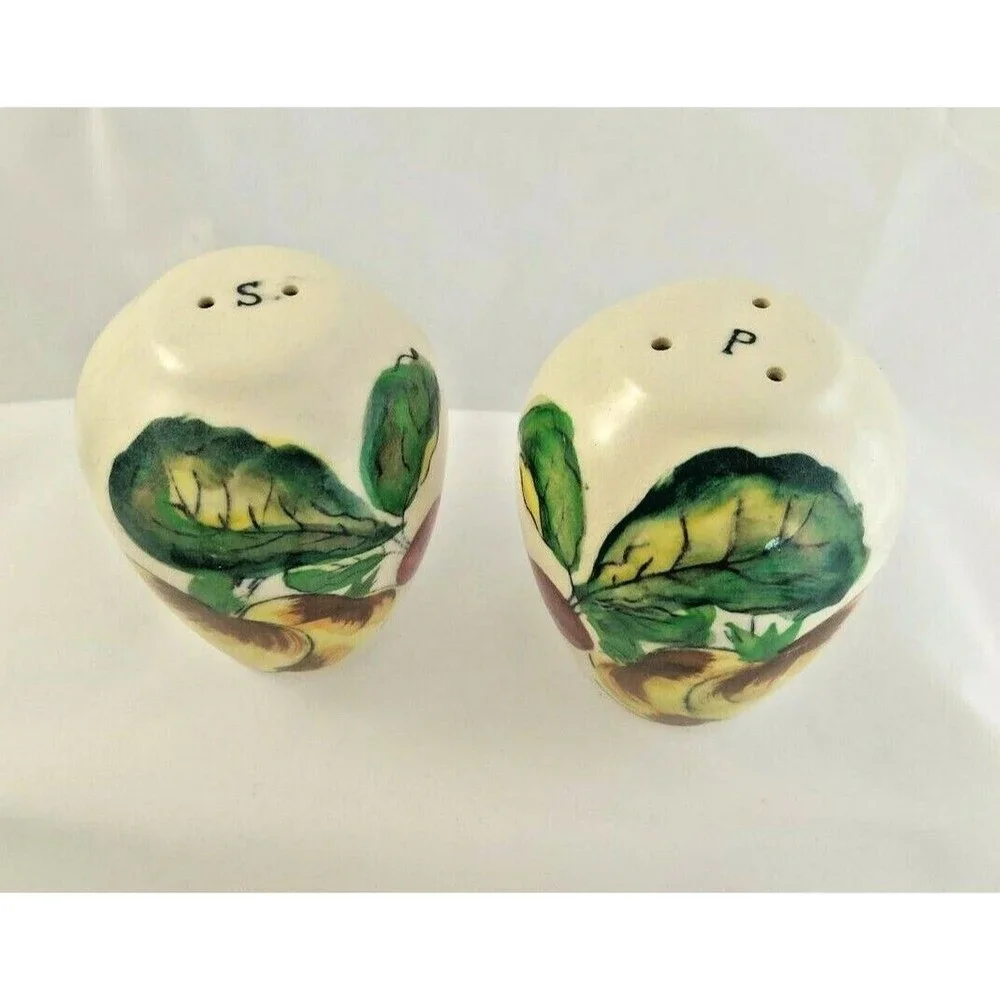 Rare Vintage Pottery Salt & Pepper Shaker Set Painted vegetables  S & P Letters